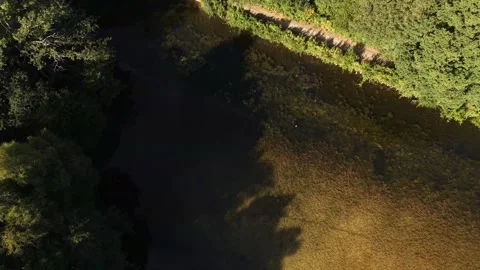 Spinning Top Down Drone View Over Sunlit River And Woodland Stock Footage 341796603