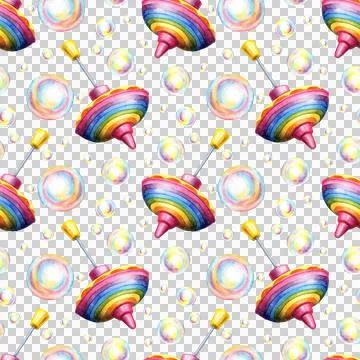Spinning top pattern and soap bubbles watercolor Stockillustratie
