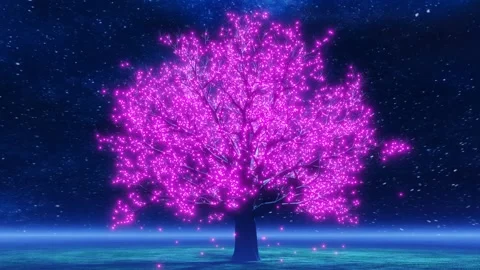 A spinning tree below the starry sky, purple lights which gently fall Stock Footage 246789779