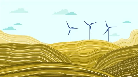 Spinning Wind Turbines in the Field Animation. Save the Planet Stock Footage 236326533
