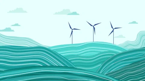 Spinning Wind Turbines in the Field Animation. Save the Planet Stock Footage 236326543