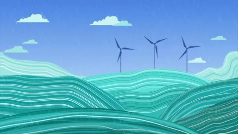 Spinning Wind Turbines in the Field Animation. Save the Planet Stock Footage 236326554