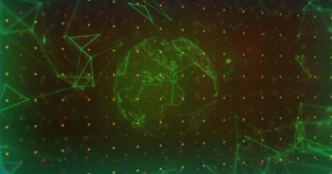 Spinning wireframe Earth globe in cyberspace grid with floating yellow pixels Illustrazione stock