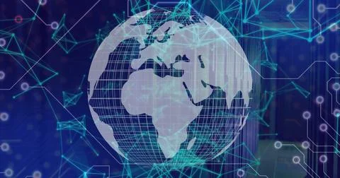 Spinning wireframe globe displaying glowing network lines, hexagonal outlines in Stock Photos