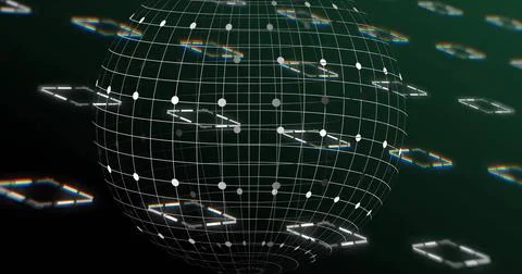 Spinning wireframe sphere in virtual environment, with white grid lines, nodes Stock Photos