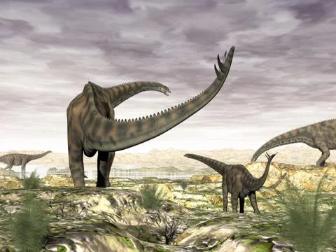Spinophorosaurus dinosaurs herd - 3D render Stock Illustration
