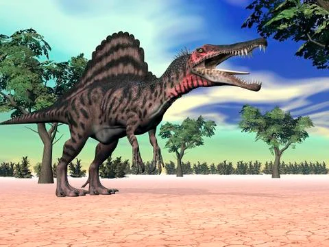 Spinosaurus standing in the desert with trees. Stock Illustration