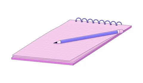 Spiral-bound notebook with grid pages and pencil 2D cartoon object Stock Illustration