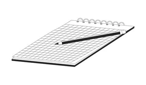 Spiral-bound notebook with grid pages and pencil 2D line object Stock Illustration