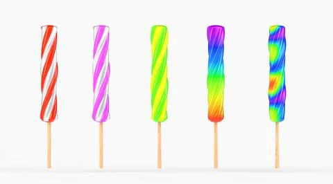 Spiral caramel candy, lollipop or ice cream on wooden stick, 3d render Stock Illustration