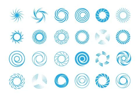 Spiral circles abstract set. Round blue swirls in form rotational whirlpool s Stock-Illustration