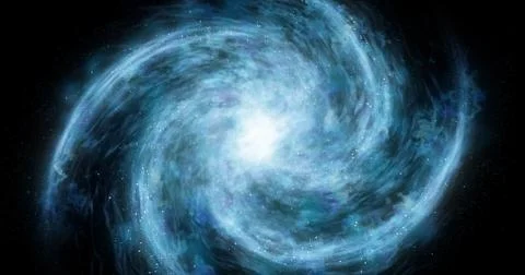 The spiral galaxy revolves around its axis. Dramatic background. Stock Photos