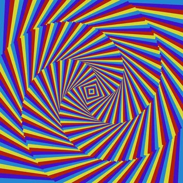 Spiral geometric pattern with vibrant red blue yellow stripes swirling inward Stock Illustration