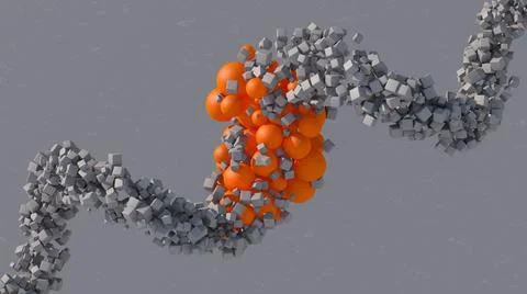 Spiral with gray cubes and orange balls. Abstract illustration, 3d render. Stock Illustration