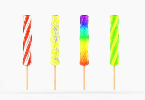 Spiral ice cream, candy or lollipop on wooden stick, 3d render. Set of fruit Stock Illustration