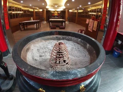 Spiral Incense Coil Burning in Buddhist Temple, Changhua, Taiwan (2 Jan 2020) Stock Footage 345268228