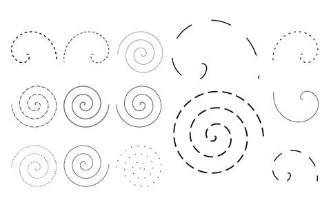 Spiral line path variations, dashed and solid swirl set, abstract circular .. Stock Illustration