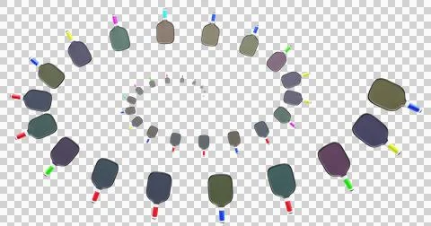 Spiral of multi-colored pickleball rackets on a transparent background. Stock Illustration
