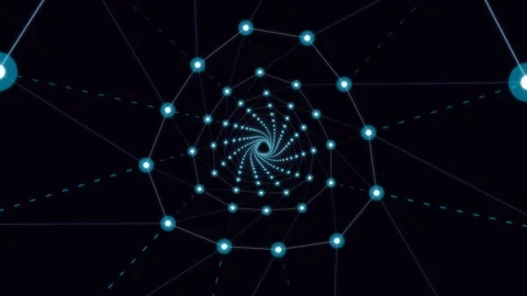 Spiral network design with glowing nodes and lines in dark background Stock Footage 337232551