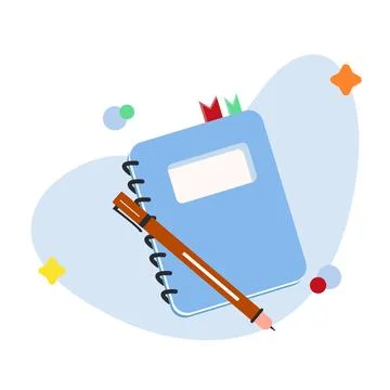 Spiral notebook and pen composition. Stationery items. Flat vector illustration. Stock Illustration