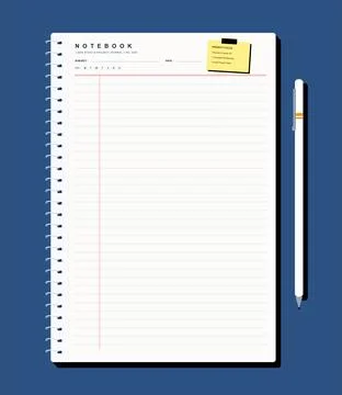 Spiral notebook page template with lined paper yellow sticky note Ilustração Stock