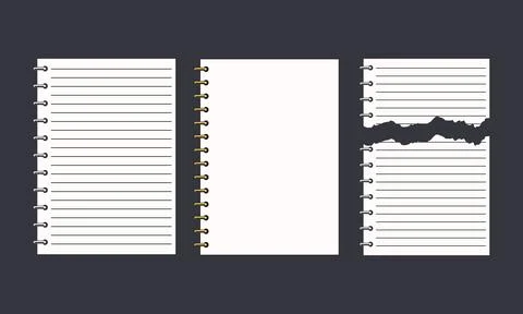 Spiral notebook pages set with lined blank and torn paper Illustrazione stock