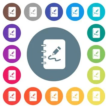 Spiral notepad with drawing solid flat white icons on round color backgrounds 库存插图