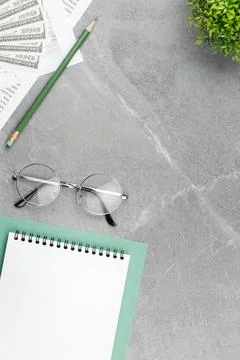 Spiral notepad office desk. Flat lay Stock Photos