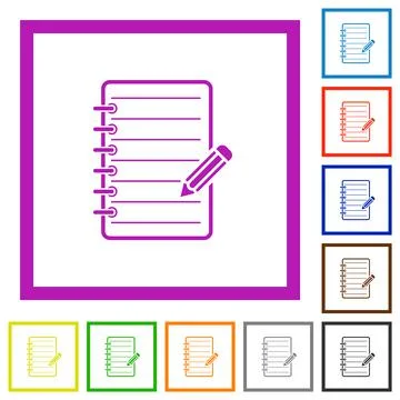 Spiral notepad with pencil flat framed icons 스톡 일러스트