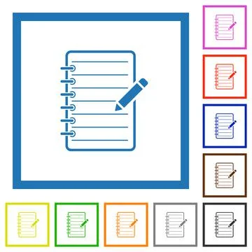 Spiral notepad with pencil flat framed icons Illustrazione stock