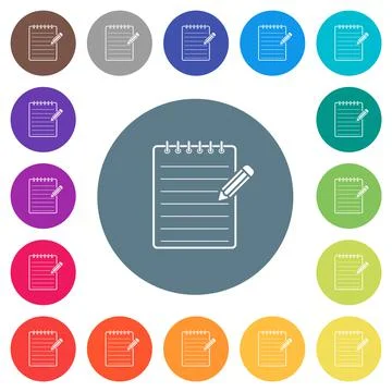 Spiral notepad with pencil flat white icons on round color backgrounds Stock Illustration