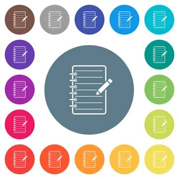 Spiral notepad with pencil flat white icons on round color backgrounds Stock Illustration