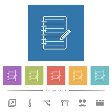 Spiral notepad with pencil flat white icons in square backgrounds Stock Illustration