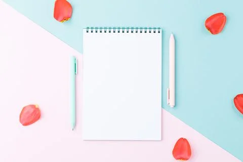 Spiral notepad with pens on two colour background. Stock Photos