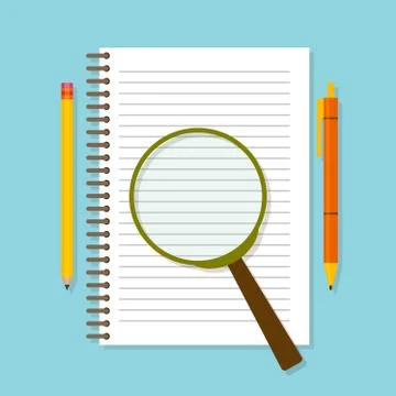 Spiral opened notepad with loupe, pencil and pen. Top view Stock Illustration