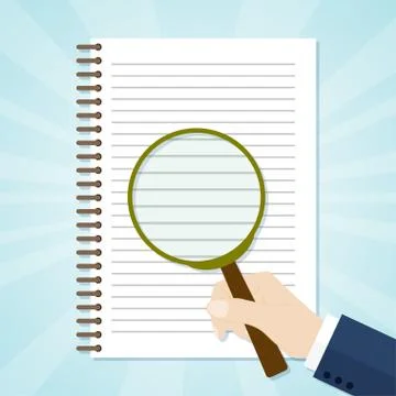 Spiral opened notepad with loupe. Top view Stock Illustration