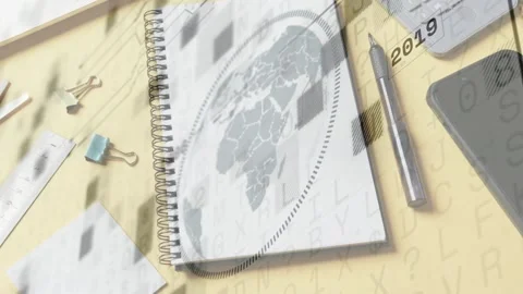 Spiral pad revealing map as overlays appearing dotted arc sweeping years Stock Footage 334351653