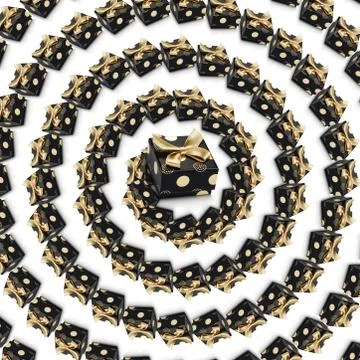 Spiral pattern with black present boxes on white background. イラスト素材