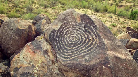 Spiral Petroglyph on Rock at Signal Hill in Saguaro National Park, Arizona Stock Footage