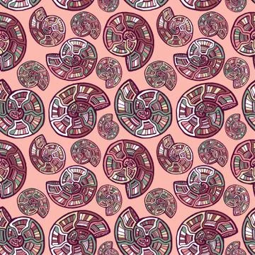 Spiral seamless pattern with ornamental shells. Unique Seashells background.  Illustrazione stock