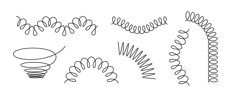 Spiral spring set. Black wire coil spring collection. Thin wire frames, zigzag Stock Illustration