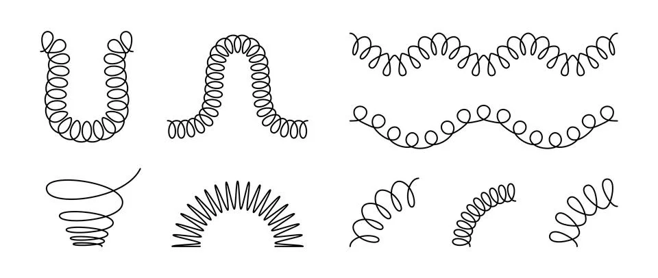 Spiral spring set. Black wire coil springs collection. Thin wire frames, zigzag イラスト素材