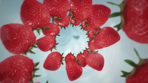 Spiral of Strawberries in the sink. Fruit falling into the water Stock Footage 257223392