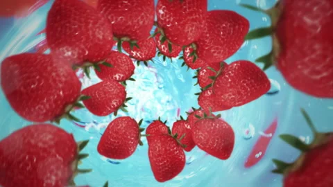 Spiral of Strawberries in the sink. Fruit falling into clear water Stock Footage 257223635