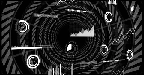 Spiral tunnel emerging starting HUD elements rotating updating timers graphs Stock Footage 317486853
