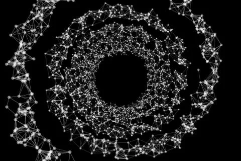 Spiral tunnel with network connection pattern lines on black. High-tech backg Stock Photos