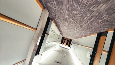 Spiral Vertigo twisted dizzy empty school hallway, with carpeted floors, Stock Footage 136100237