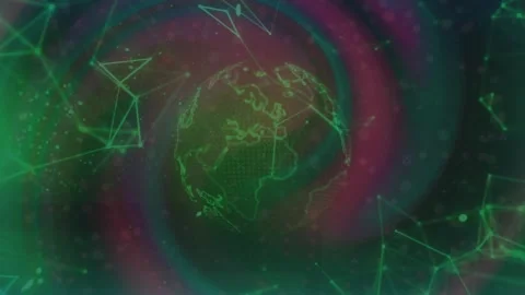 Spiral vortex starting, wireframe globe rotating and tilting while nodes Stock Footage 320916338