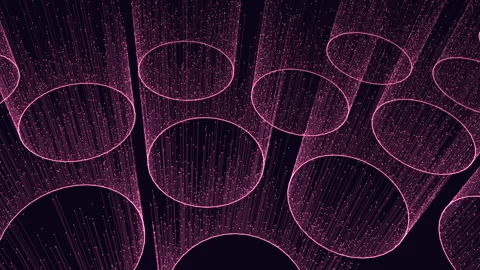 Spiraling 3d render of circular shapes with lines and dots on dark background Stockbeeldmateriaal 255978594