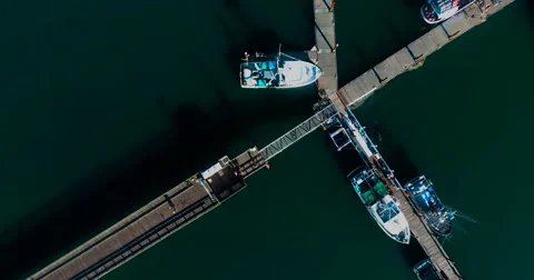 Spiraling aerial shot of boats at a dock Stock Footage